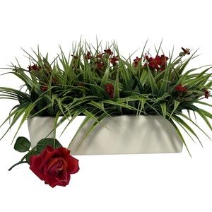 Artificial flower white 12” oblong vase Vinyl silk ceramic felt bottom LIKE NEW
